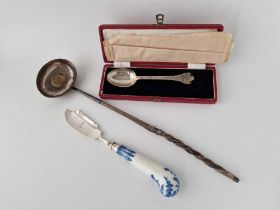 A Boxed Plain Triffid Spoon, Chester 1957, Irish Porcelain Handled Butter Knife And A Toddy Ladle