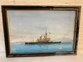 D S Simone/93 "Portrait Of H M S Britannia In The Bay Of Naples" Guache 17" X 26" Signed And Dated