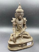 Antique Bronze Seated Buddha With Inset Decoration. 10" High