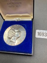 A Danish Silver Hans Christian Anderson Medal 100G By Georg Jenson,(Boxed)