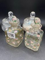 Pair Of Glass And Enamel Square Scent Bottles And Stoppers And Two Jars And Covers