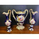 Good Coalport Two Handled Vase With Flower Panel And A Pair Of Ewers En Suite 11" High