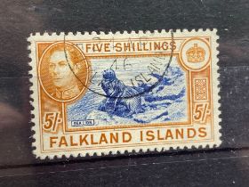 Falklands Sg161B (1938) 5/- Indigo/Yellow Brownfine Used Cat £90