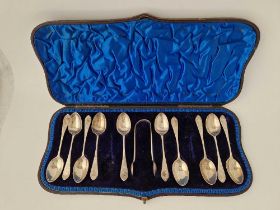 A Boxed Set Of Ten Victorian Teaspoons And A Pair Of Tongs, London 1894, 105 G.