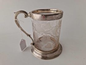 A Victorian Tankard With Good Engraved Glass Body With Vine Motifs, 5" High, Birmingham 1865 By Th &