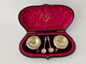 A Pair Of Boxed Victorian Salts With Gilt Interiors And Glass Liners, Sheffield 1883 By Martin Hall,