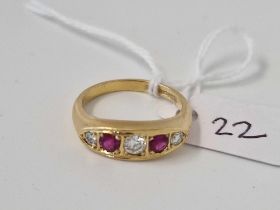 A Ruby And Diamond Five Stone Gypsy Set Ring 18Ct Gold Size M