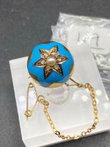 A Early Victorian Diamond And Real Pearl Star Brooch With Excellent Blue Enamel And Gold Safety
