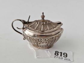 An Oval Boat Shaped Victorian Mustard Pot With Embossed Decoration, 3.5" Over Handle, Birmingham