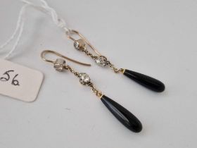A Pair Of Victorian Gold And Diamond And Onyx Drop Earrings Boxed
