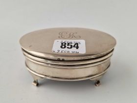 An Oval Jewellery Box Standing On Four Scroll Feet, 4.5 Inches Wide, Birmingham 1921