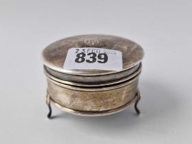 A circular ring box with hinged cover and three pad feet, 2.5" wide, Birmingham 1916 by I Bros