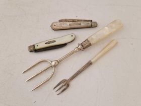 Four M.O.P handled forks and knives, Sheffield 1898 etc