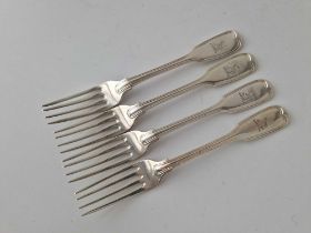 A set of four Victorian fiddle thread dessert forks, crested, London 1842, 200g