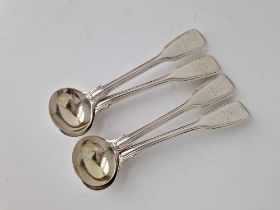 A good set of four Victorian fiddle thread salt spoons, crested , London 1840 by MC, GA, 90g