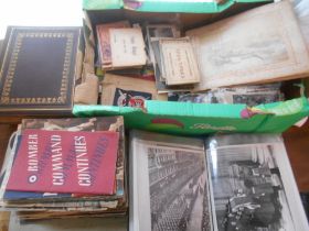EPHEMERA a box of post cards, W.W.II HMSO publications, 2 cabinet photo albums & various