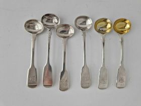 A pair of Exeter fiddle pattern salt spoons, 1829 by GT and two other pairs of London salt spoons,