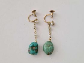 A pair turquoise and pearl ear drops 9ct