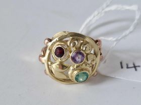 9ct Arts & Crafts ring set with an Emerald, Amethyst & Garnet, 4.8g, size N