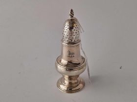 A George III pepper with crested side, pierced cover, 4.5" high, London 1759? By IM?, 75g