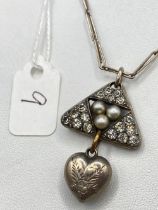 A stylish silver triangular paste and pearl drop pendant on wide link chain 15 inch