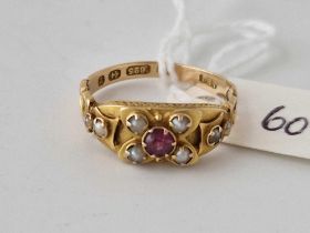 A VICTORIAN RUBY AND PEARL RING, 15ct, Birmingham 1899, size O, 2.0 g