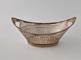 A boat shaped sweet dish with pierced sides beaded rims (Danish), 5.75 inches long, 80 g.