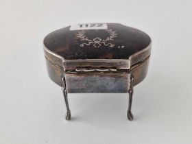 A silver and tortoise shell ring box on four slender legs, stamped sterling, 3 1/4" wide