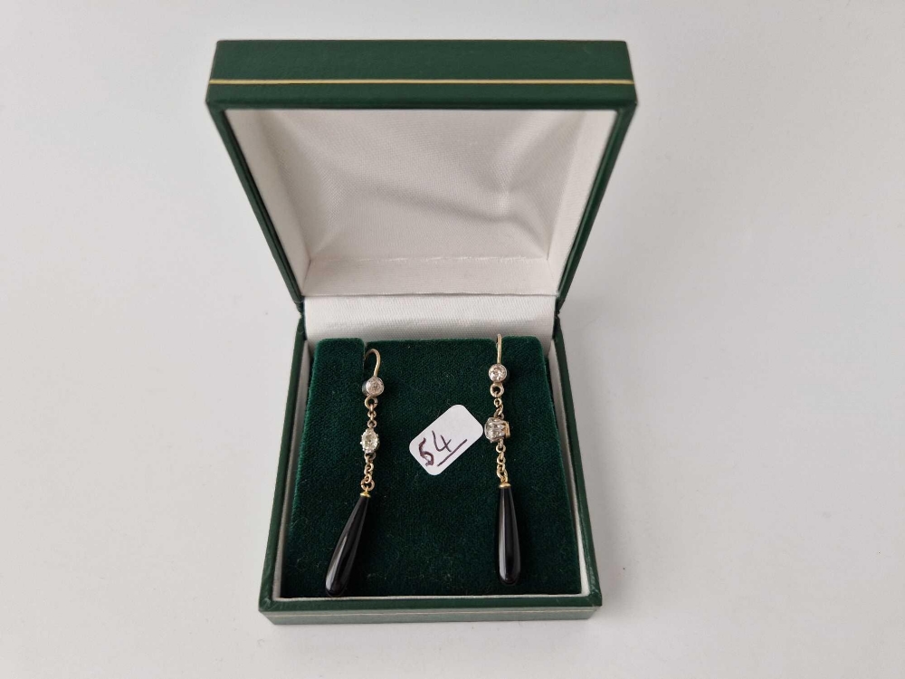 A PAIR VICTORIAN GOLD, DIAMOND & ONYX DROP EARRINGS BOXED - Image 2 of 4