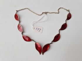 A Norwegian red enamel silver leaf panel necklace by David Andersen 7.5” long