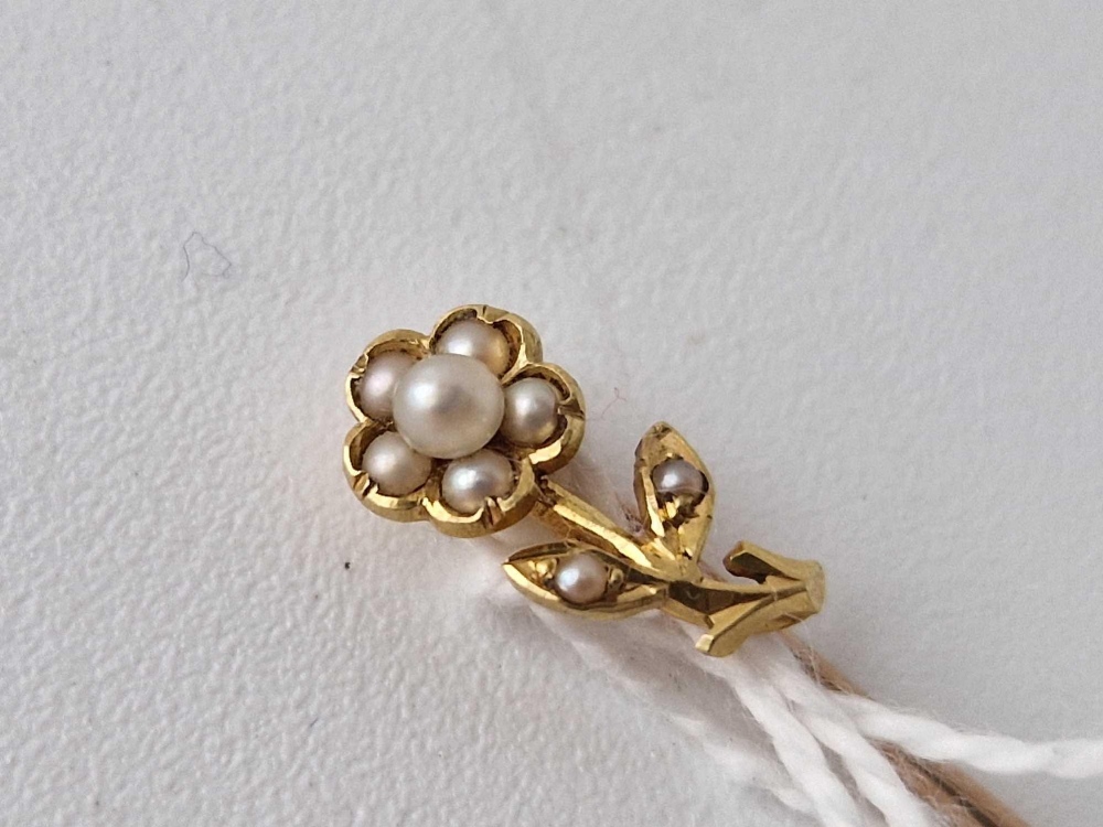 Antique Flower shaped, pearl stick pin, screw top, high carat gold