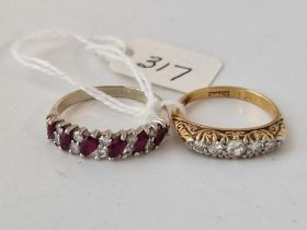 A FIVE STONE DIAMOND RING SIZE L & DIAMOND AND RUBY RING SIZE P BOTH 18CT GOLD 6.7g inc