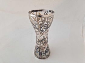 A silver overlay vase with glass body (cracked), 8" high