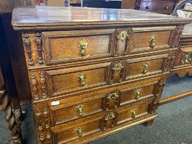 Jacobean Oak chest with 4 long drawers and half turned decorative panelled sides 38 In wide