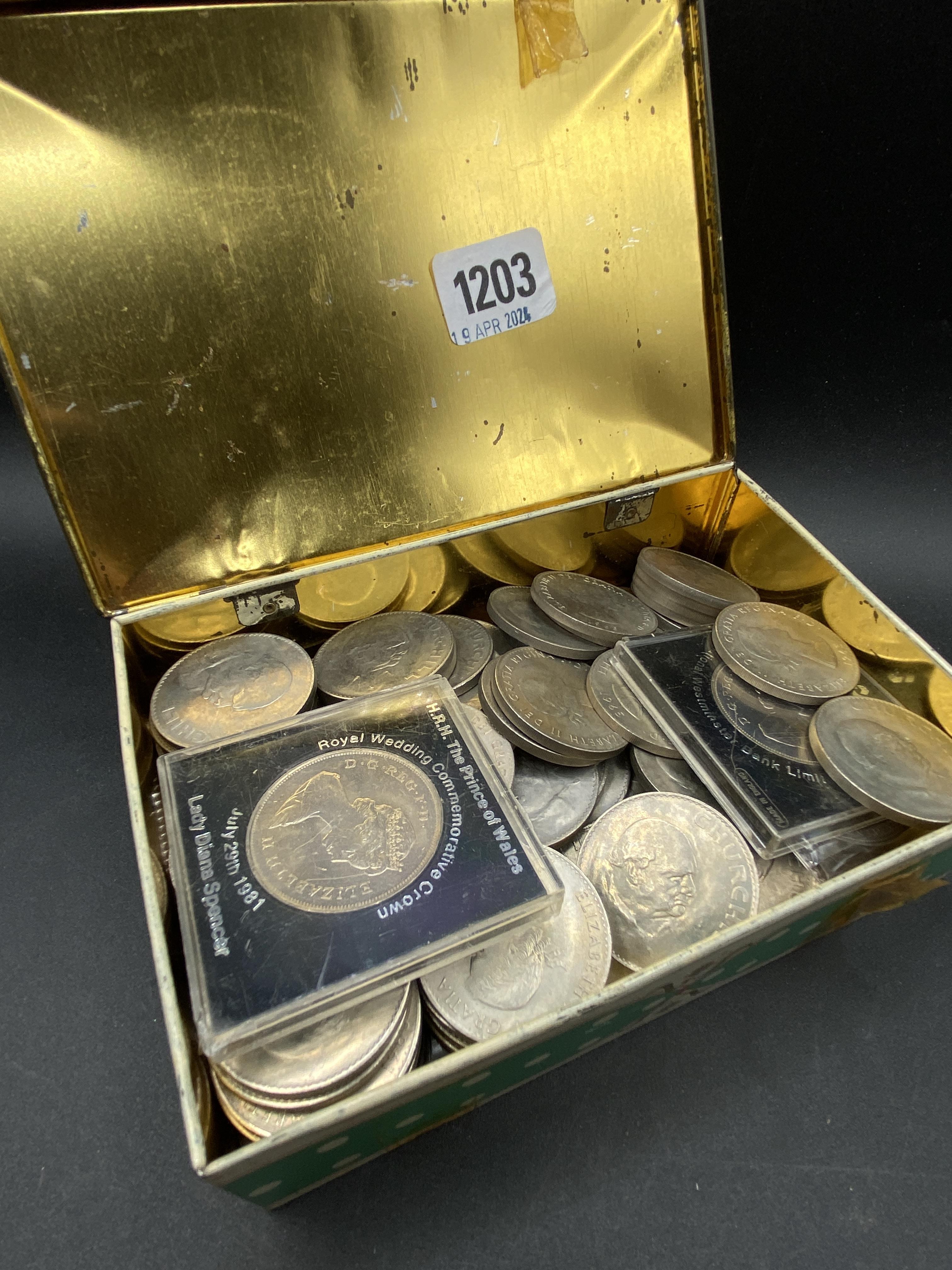Over 80 Churchill Crowns etc in tin