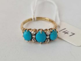 Fabulous, antique turquoise and diamond ring 18ct gold Size S 3.2g