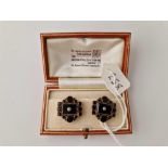 A pair Victorian onyx and gold studs in fitte Goldsmiths box