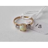 Antique gold mounted opal single stone ring with diamond set shoulders, size L