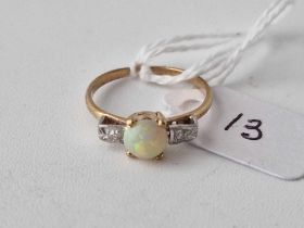 Antique gold mounted opal single stone ring with diamond set shoulders, size L