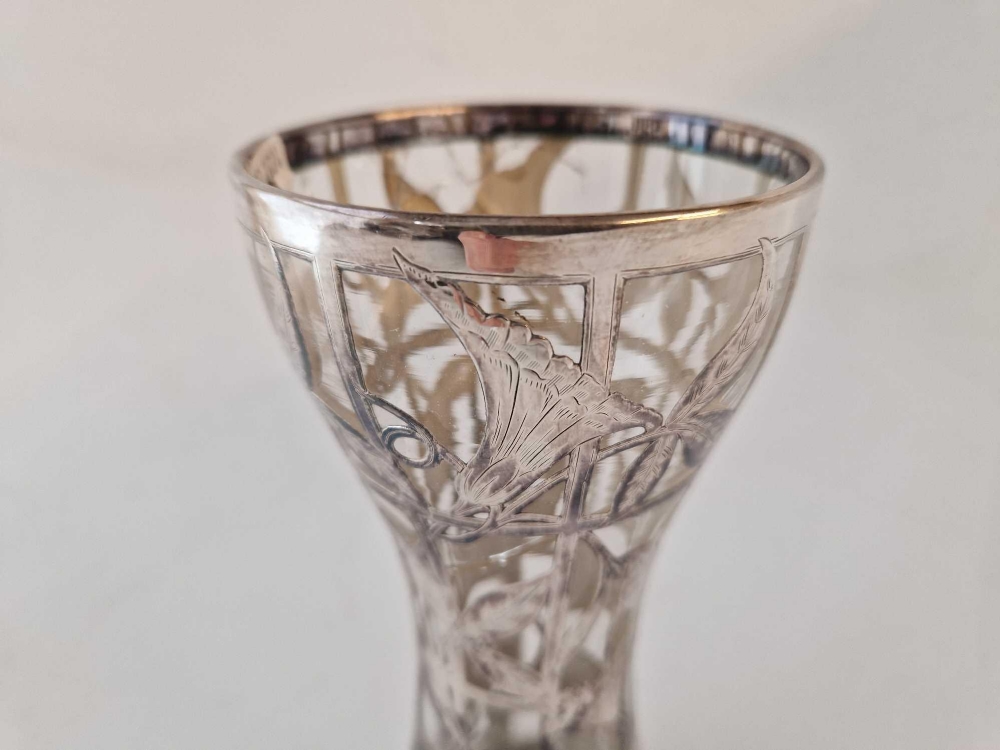 A silver overlay vase with glass body (cracked), 8" high - Image 3 of 3