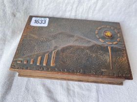 Arts and Crafts copper top box with enamel panel Oak base 7 in wide