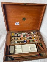 19thC paint box in an inlaid mahogany box with Landseer lable 11.5 wide