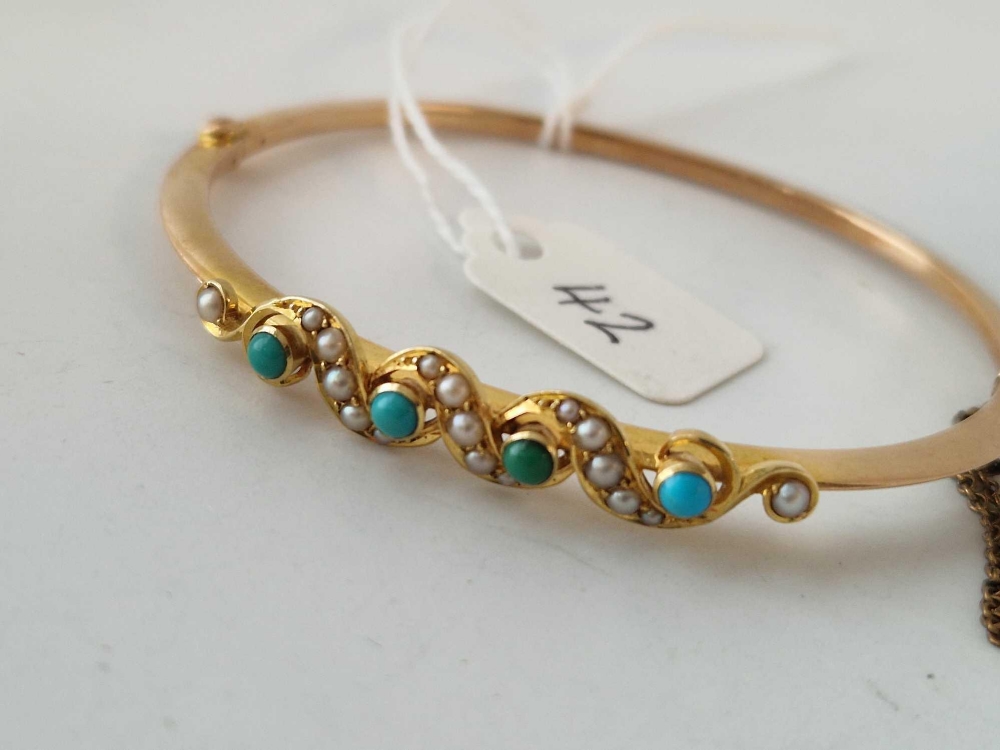 19c. fine turquoise & pearl bangle twist pattern 15ct gold tested perfect condition 7.7g - Image 2 of 3
