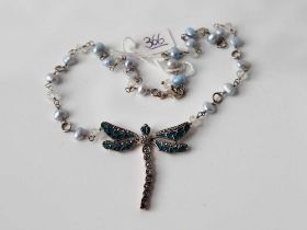 vintage silver & enamel dragonfly necklace 16.4g