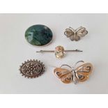 Five silver brooches, etc