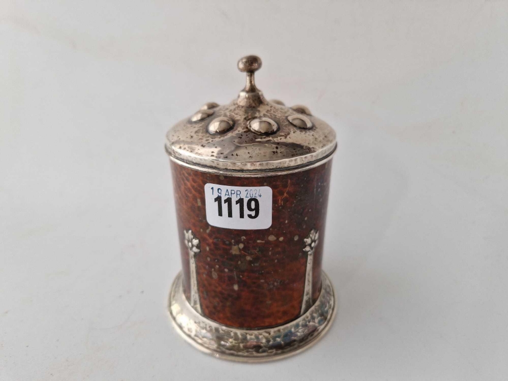 Good Arts and Crafts silver mounted jar with copper body 6 in high . Birmingham 1912 By A E J - Image 2 of 4