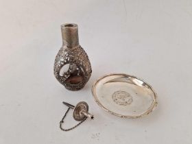 A Chinese overlay bitters bottle with glass body and a Hong Kong silver mounted dish