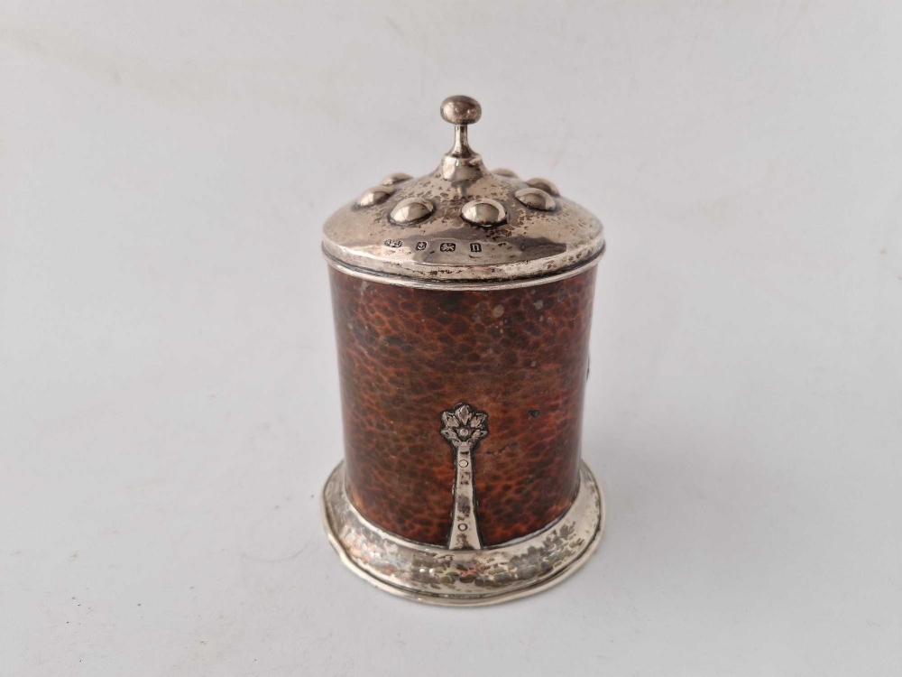 Good Arts and Crafts silver mounted jar with copper body 6 in high . Birmingham 1912 By A E J