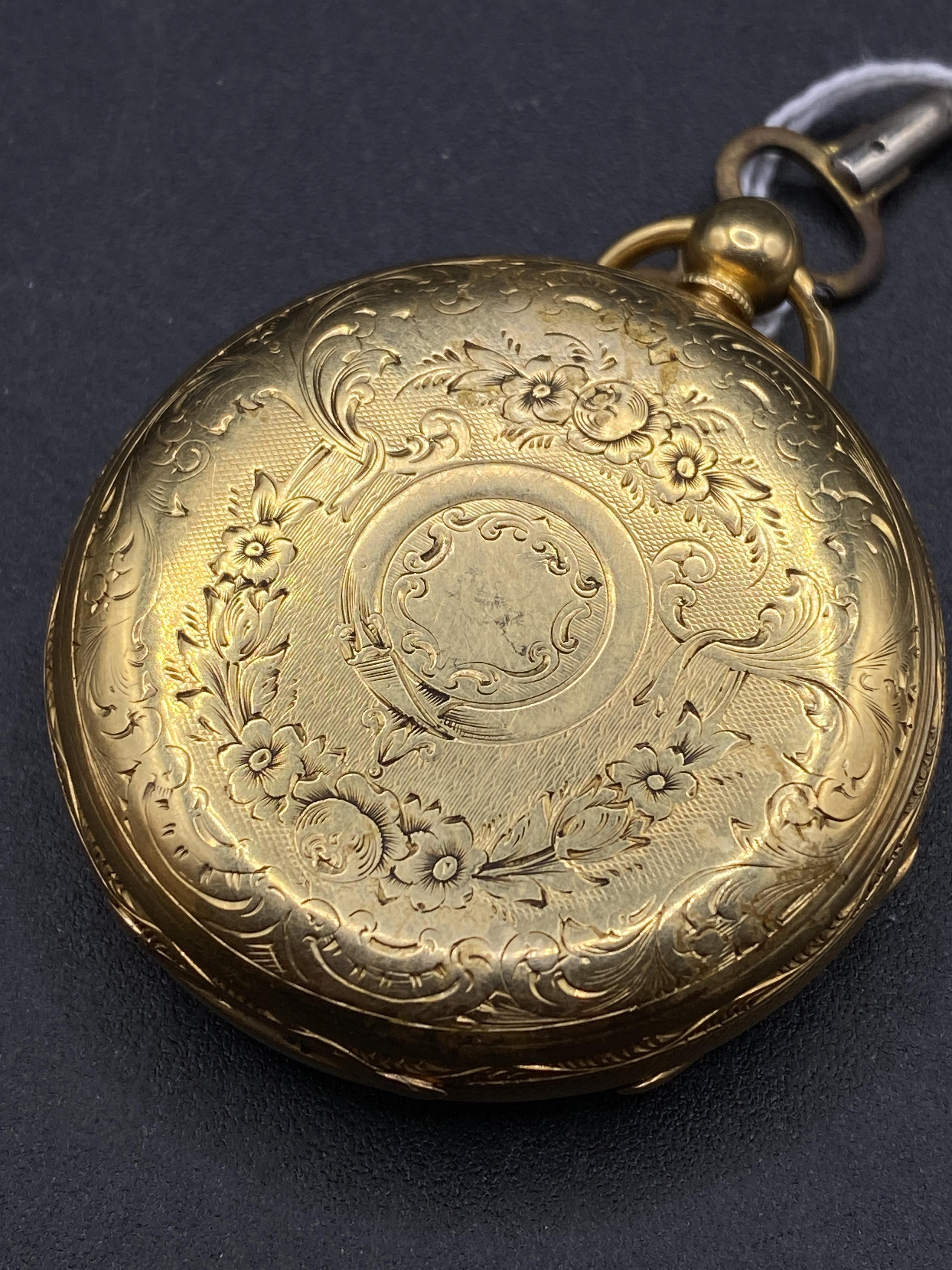 A ATTRACTIVE FLORAL ENGRAVED GENTS POCKET WATCH 18CT GOLD WITH GOLD COLOURED FACE SECONDS SWEEP - Image 4 of 5