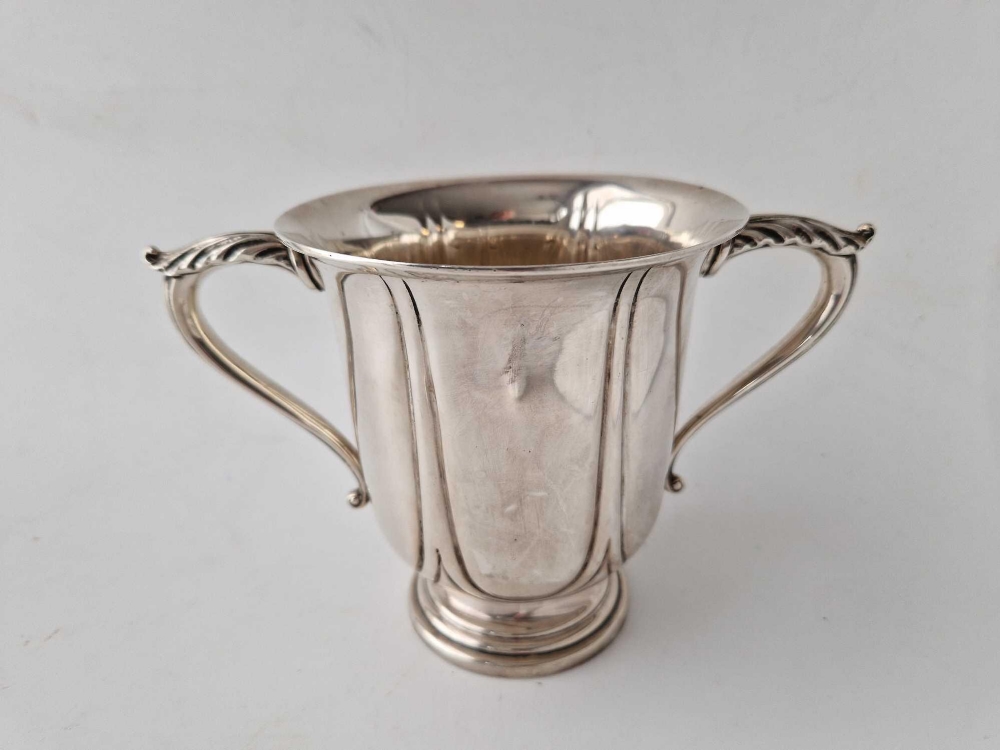 A good quality Edwardian cup with two leaf capped handles, 5 inches high, London 1905, by HE & Co,